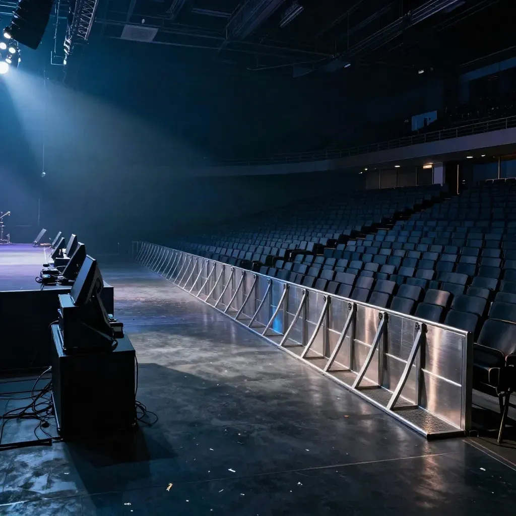 Arena concerti vuota con palco illuminato, barriere e posti immersi in atmosfera blu.