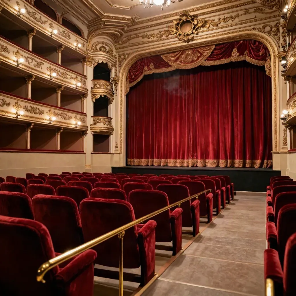 Interno di teatro vuoto con poltrone rosse, palco chiuso e dettagli dorati