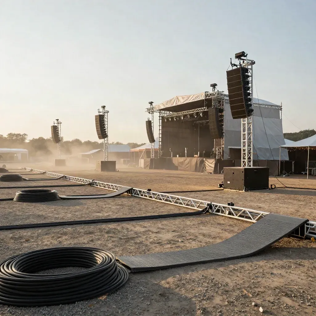 Allestimento di un festival estivo con torri audio, transenne e tralicci sotto il cielo