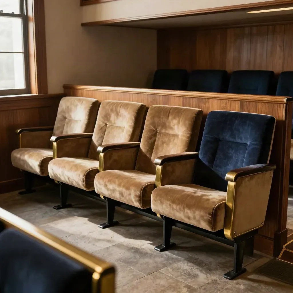 Sei posti riservati in un private box, velluto blu notte e luce calda su legno e ottone.