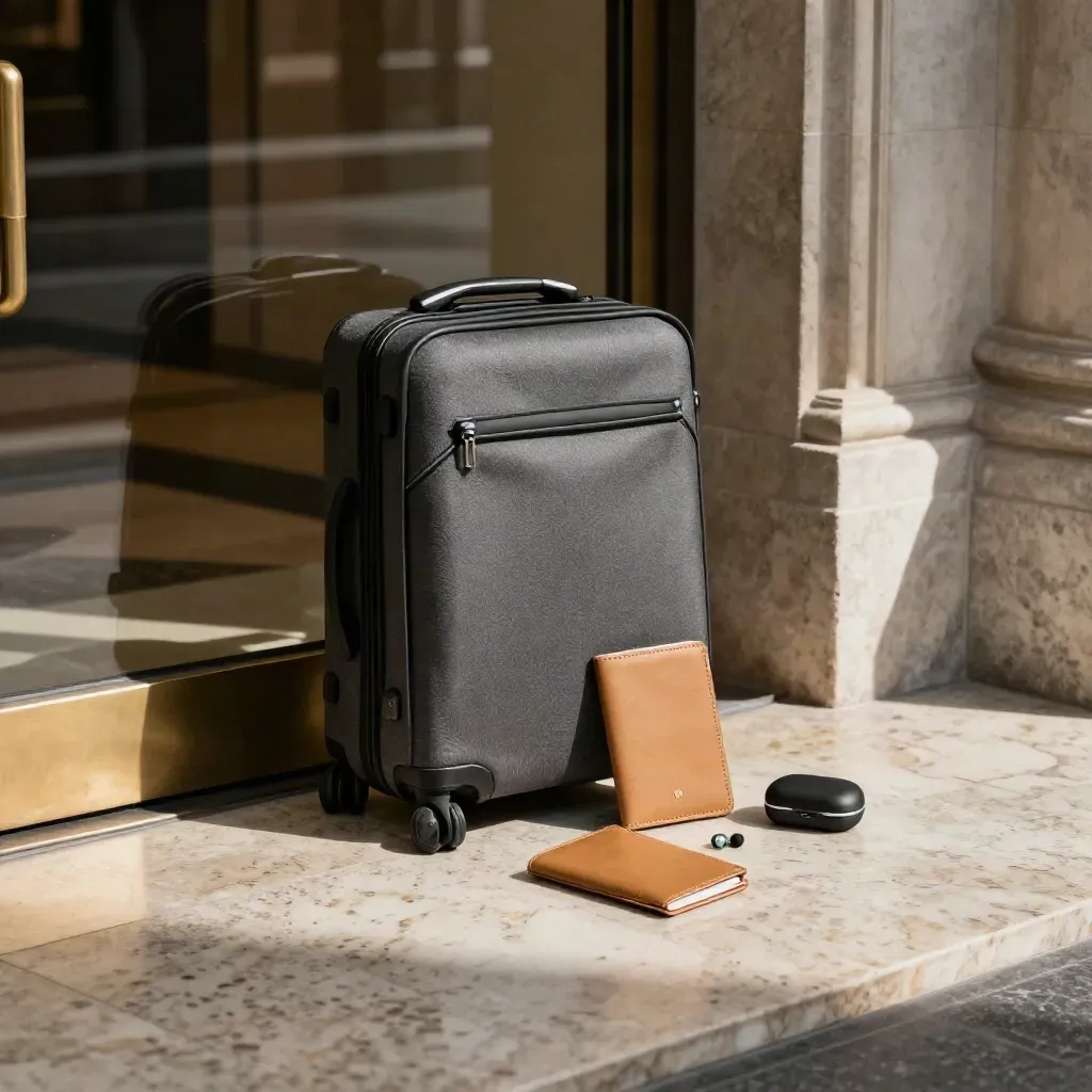 Lobby in marmo con valigia, passaporto e auricolare per supporto turistico multilingue.