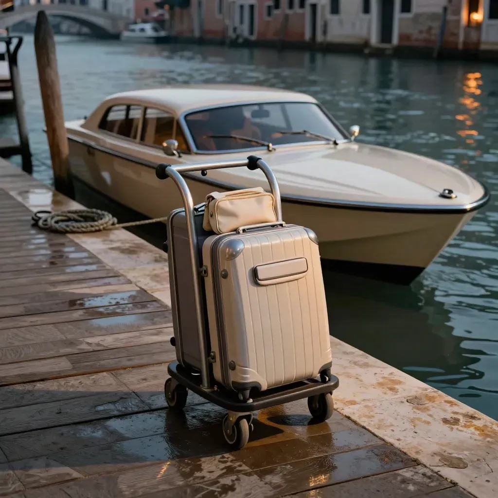 Molo veneziano con carrello bagagli, pouches bianche e taxi acqueo pronto all'imbarco.