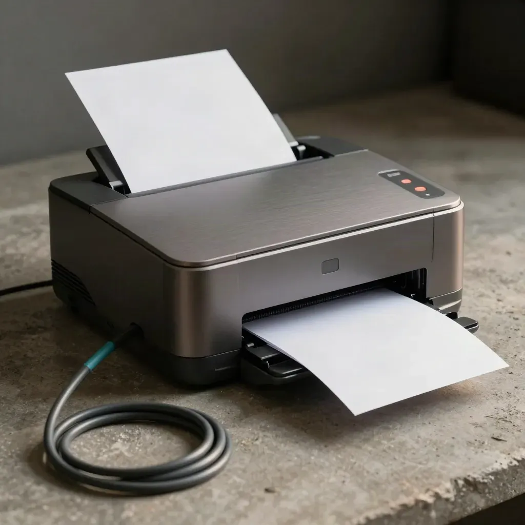 Stampante biglietti, scanner e cavo arrotolato su cemento, luce drammatica.