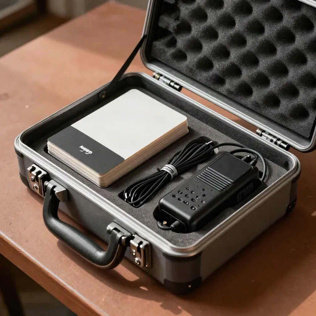 Kit organizzatore con pass RFID, fascette, caricatore radio e valigetta rugged su terracotta