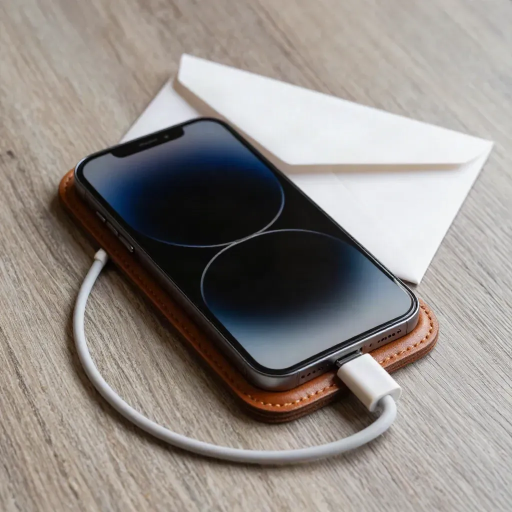 Smartphone in una culla di pelle accanto a una busta sigillata e un cavo arrotolato su legno chiaro.