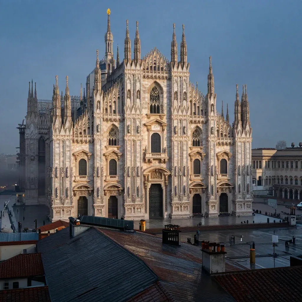 Duomo di Milano e tetti bagnati all’ora blu, con spazio calmo per il testo.