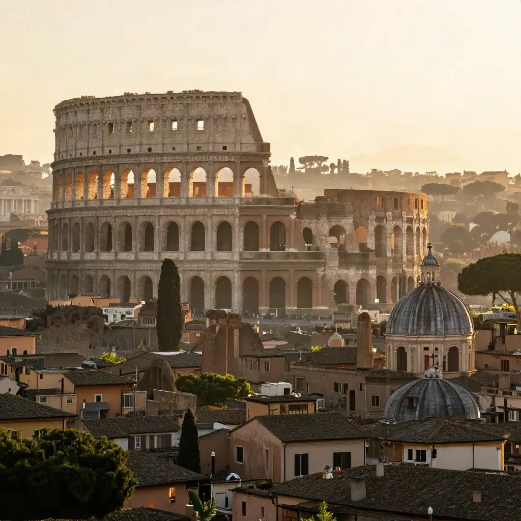 Il Colosseo di Roma all’alba, avvolto da foschia dorata sopra tetti e rovine.