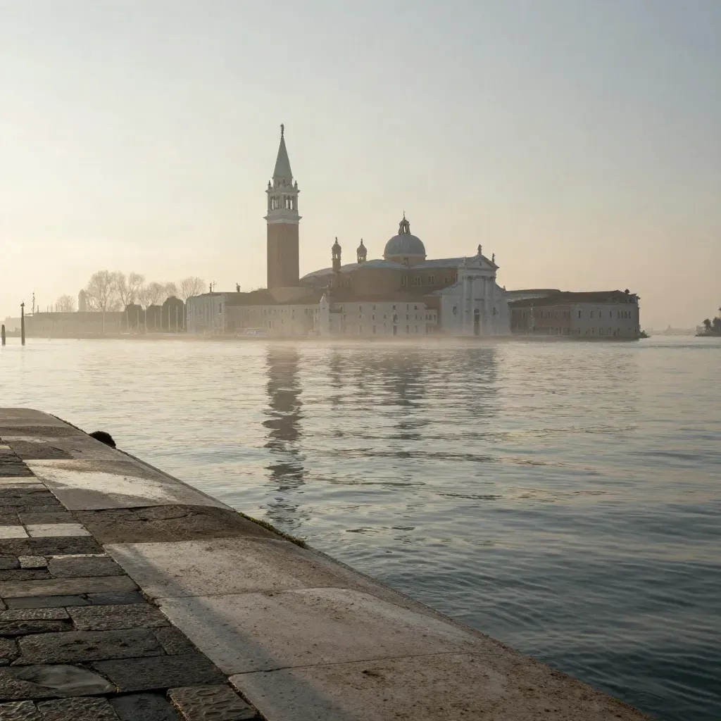 Campanile di Venezia su laguna calma all’alba con foschia e acqua immobile