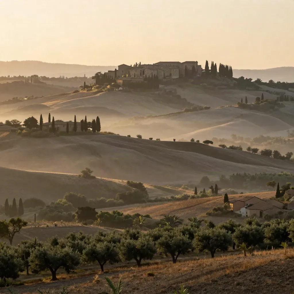 Colline toscane all’alba con cipressi, borgo in lontananza e nebbia soffusa.